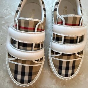 Burberry Beige Plaid Kids Velcro Sneakers with White Straps